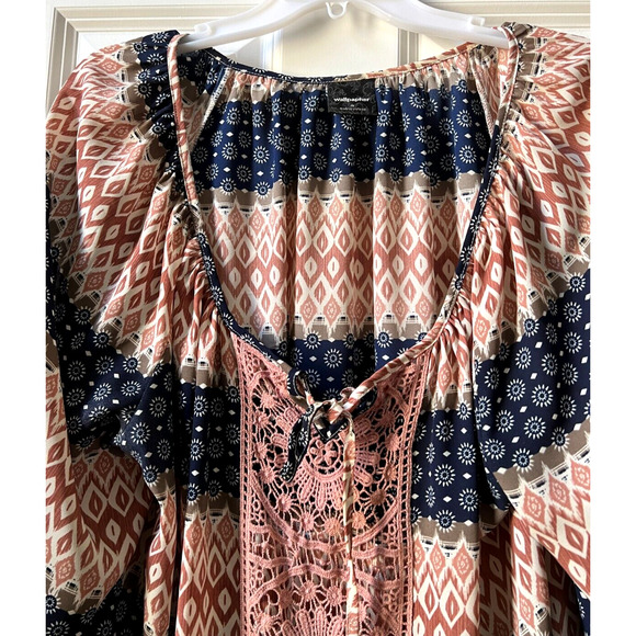 Wallpapher Three Quarter Sleeve Boho Chic Scoop Neck Lace Tie Flowy Blouse 1X - Picture 3 of 6